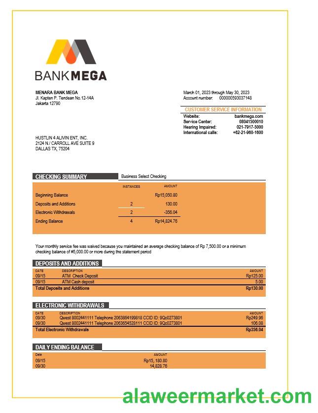 Bank Mega corporate checking account statement Word and PDF template